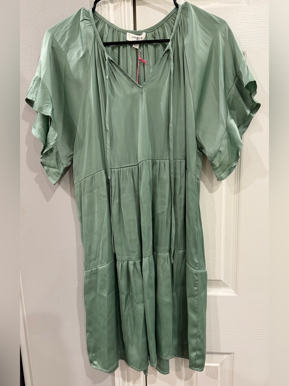 Umgee Sage Green Sateen tiered Dress with tie V-Neck and ruffle sleeves